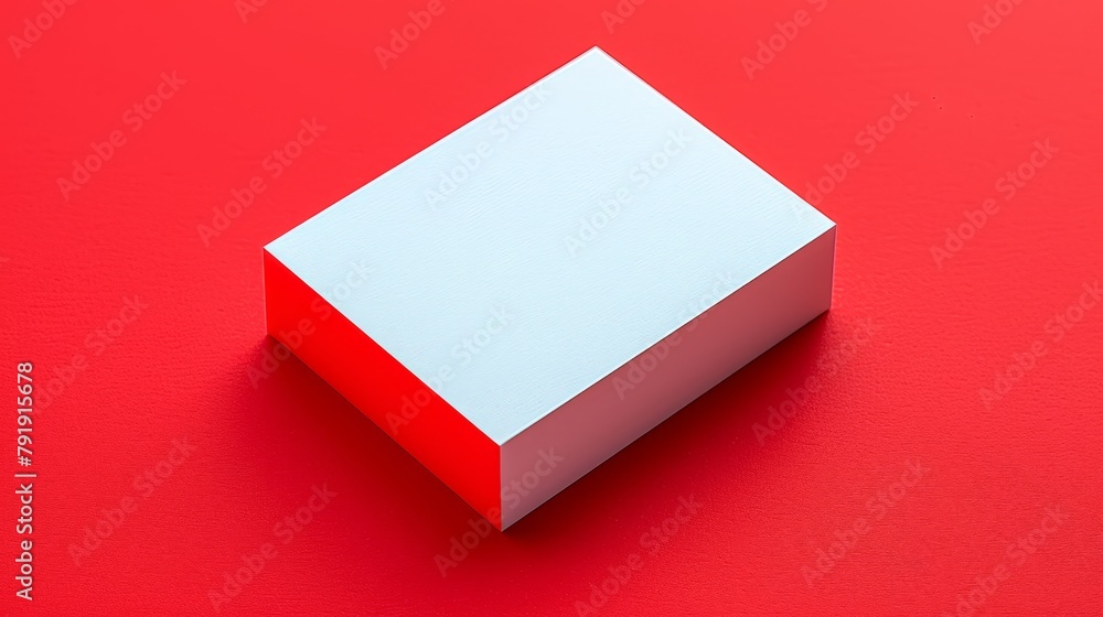 A red box, with a white top, rests atop a red surface Atop the white lid, a smaller white square resides A red box, with a white top, rests atop a red surface Atop the white lid, a smaller white square resides