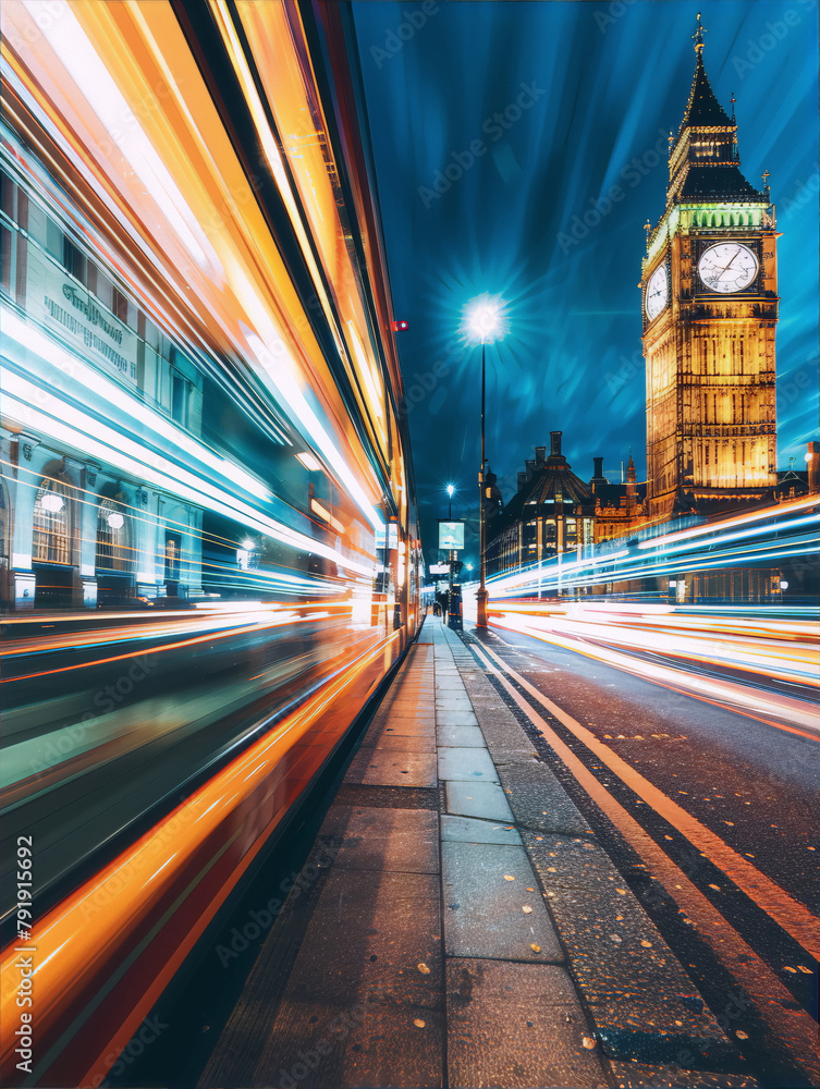 Motion blurred bus and Big Ben at night in blue and orange colors with light trails in the city