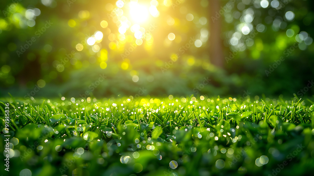 close up green lawn with beautiful sunlight , summer or spring nature background .