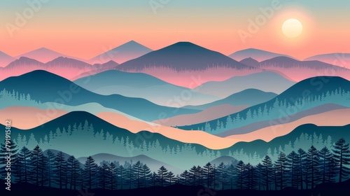  A painting of a mountain range, featuring pine trees in the fore photo