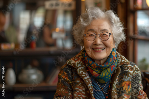 Happy elderly Asian woman with glasses in a cafe