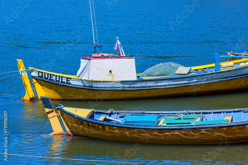 Fishing boats at Southern Chile at a small village named Queule, Chile, South America
