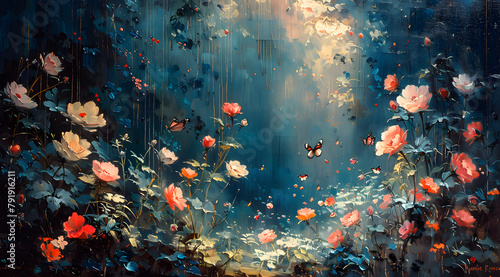 Mystical Moonlight Reverie: Oil Painting of Flowers and Butterflies Bathed in Moonlit Shadows
