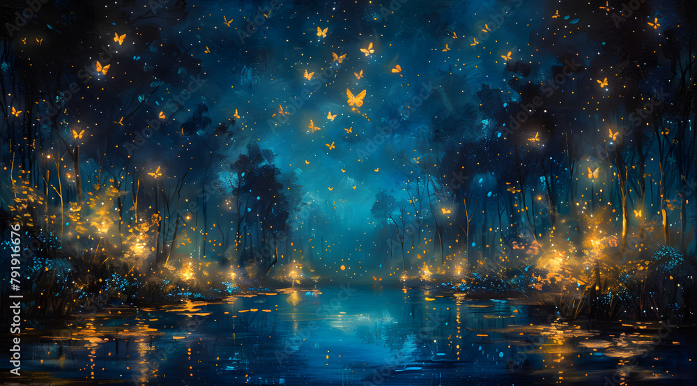 Enchanted Luminescence: Oil Painting Capturing Fireflies and Butterflies in Nocturnal Harmony