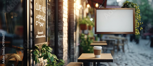 Empty wall sign board mockup at the city street. Template, banner for street store, cafe, cofeeshop, restaurant, branding. Facade exterior with billboard. Generative ai photo