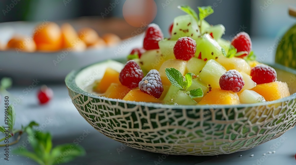 Fresh fruit salad in the melon on the table close up Fresh fruit salad in the melon on the table close up