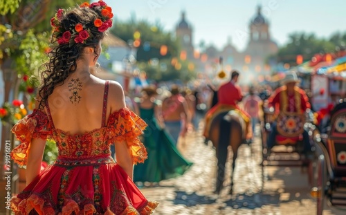 Beautiful Hispanic festival with colorful flowing dresses and flowers photo