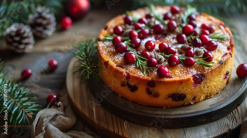 fruit cake on the wooden background with firtree branches decorated by cranberries and rosemary photo