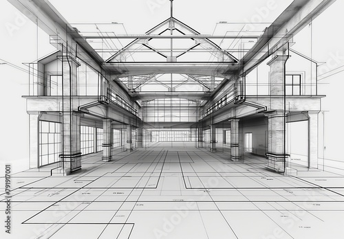 Industrial building wireframe rendering with architectural and construction details