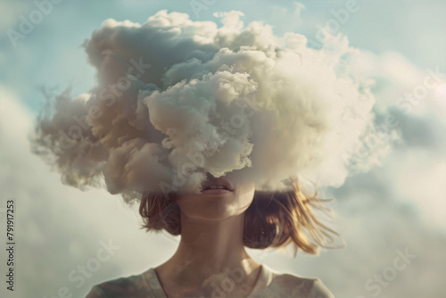 Dreamy surreal woman obscured by white clouds pastel tones evokes introspection peace tranquility.
