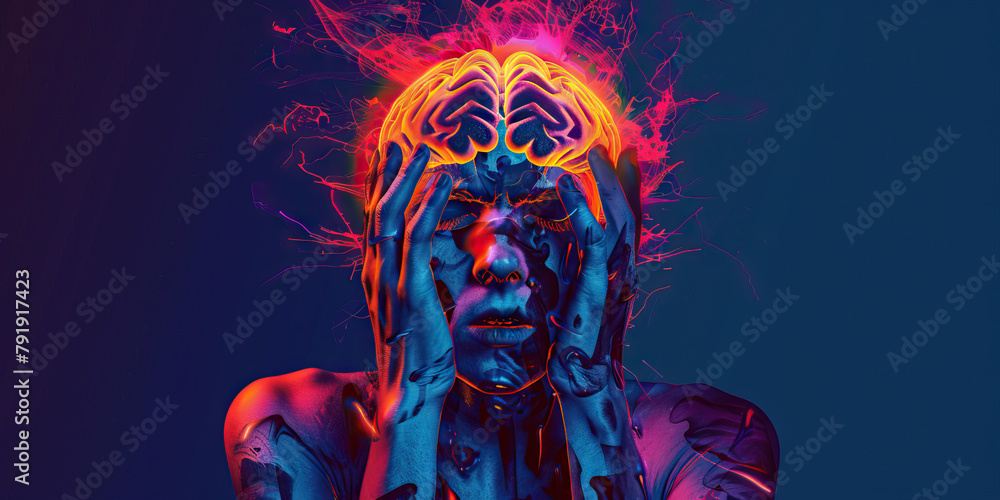 Panic Disorder: The Panic Attacks and Hyperventilation - Visualize a person with highlighted brain showing neurotransmitter imbalance, experiencing panic attacks and hyperventilation, - obrazy, fototapety, plakaty 