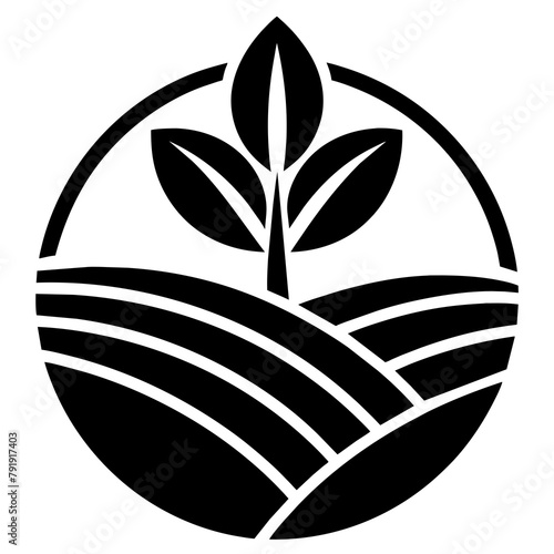  a green plant sprouting from green fields or farmlands. The image is a simple, two-tone vector logo. It predominantly features the color green against a white background. A small plant with three lea