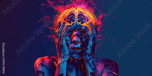 Panic Disorder: The Panic Attacks and Hyperventilation - Visualize a person with highlighted brain showing neurotransmitter imbalance, experiencing panic attacks and hyperventilation,