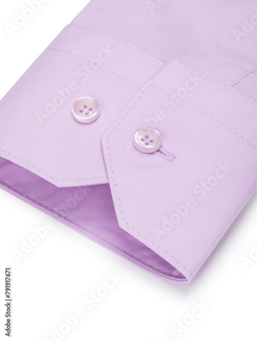 Close-up of a cuff with buttons on a magenta shirt on a white background