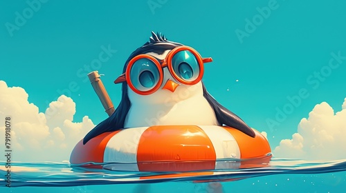 A whimsical cartoon render featuring a penguin sporting glasses and a lifebuoy around its neck