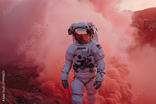 Astronaut in the space suit explores planet Mars covered by mist