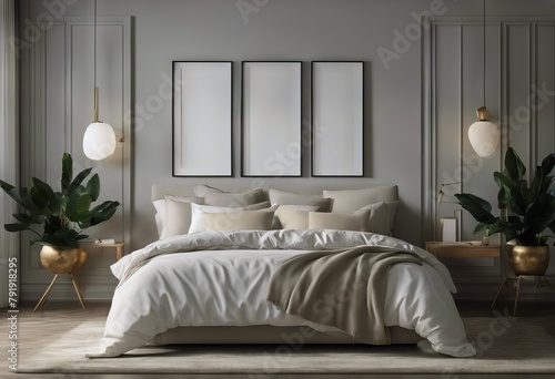 bedroom design home render bight frame contemporary 3d Mockup decor photo