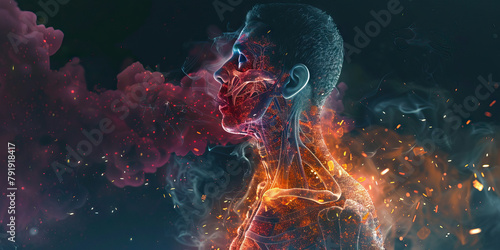 Tuberculosis  TB   The Coughing Blood and Chest Pain - Visualize a person with highlighted lungs showing infection  experiencing coughing blood and chest pain