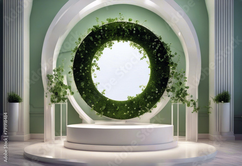 'products curved one circle Spring sunlight white green branches template presentation scene goods mockup eucalyptus podium elegant wall tiny mosaic niche fresh cosmetic poduim dais stage 1' photo
