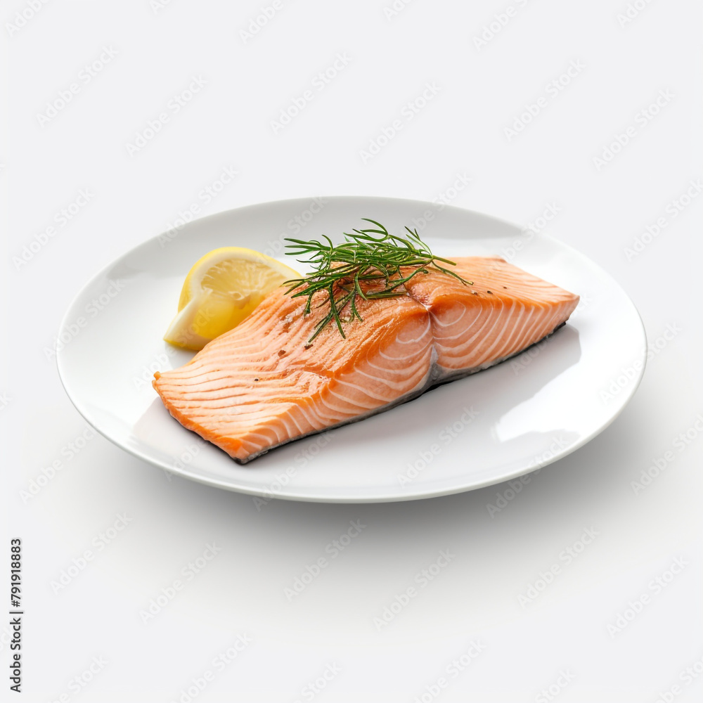 white plate with delicious, well cooked salmon сreated with Generative Ai white plate with delicious, well cooked salmon сreated with Generative Ai