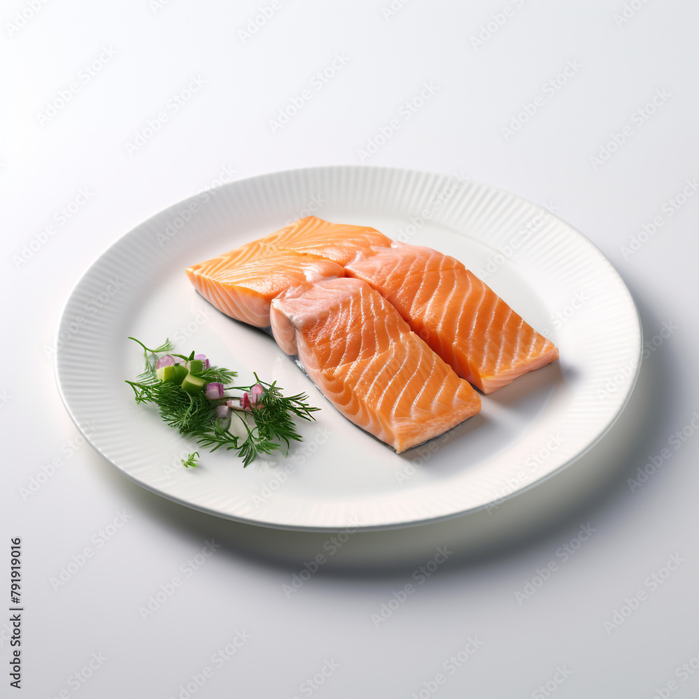white plate with delicious, well cooked salmon сreated with Generative Ai white plate with delicious, well cooked salmon сreated with Generative Ai