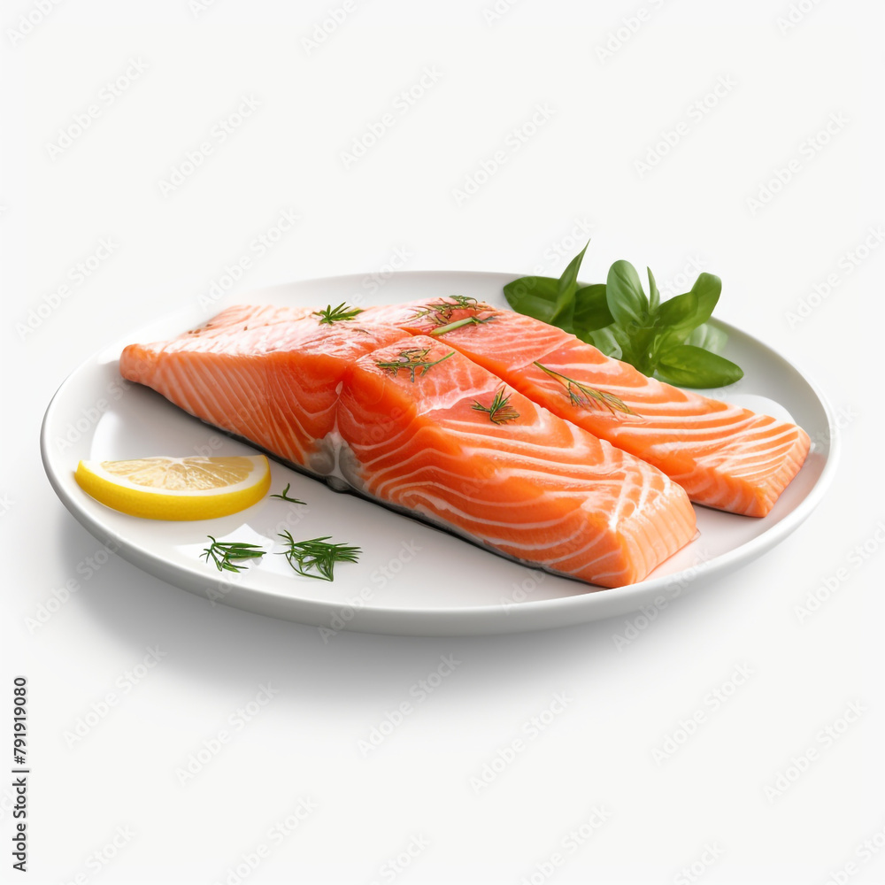 white plate with delicious, well cooked salmon сreated with Generative Ai white plate with delicious, well cooked salmon сreated with Generative Ai