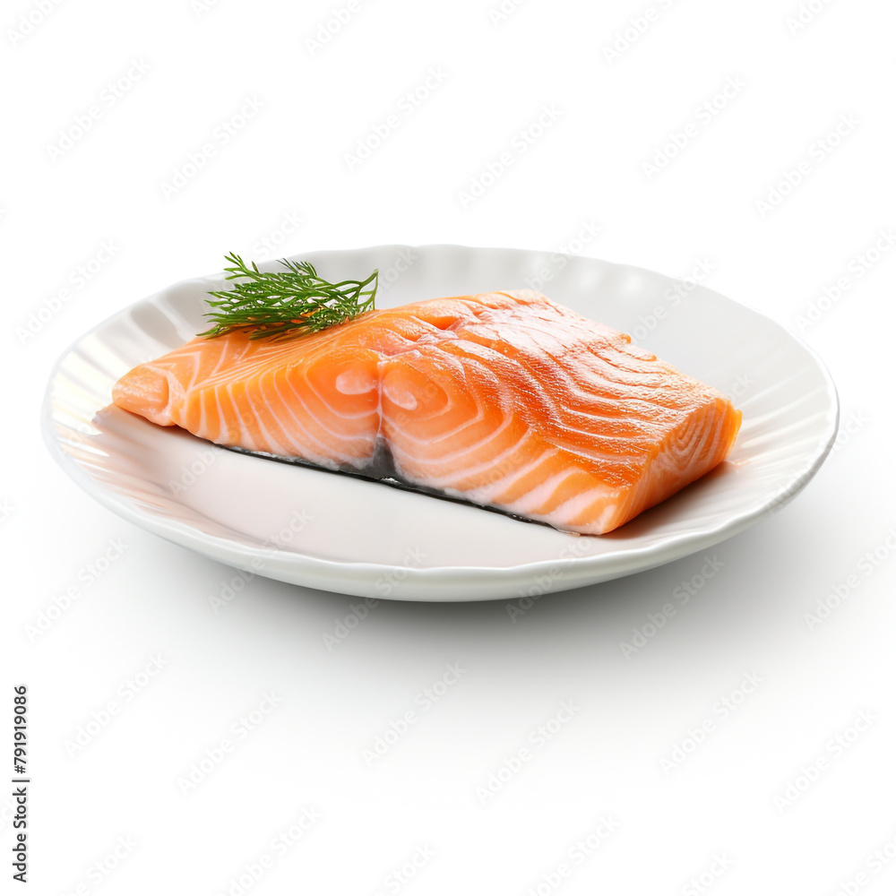white plate with delicious, well cooked salmon сreated with Generative Ai white plate with delicious, well cooked salmon сreated with Generative Ai