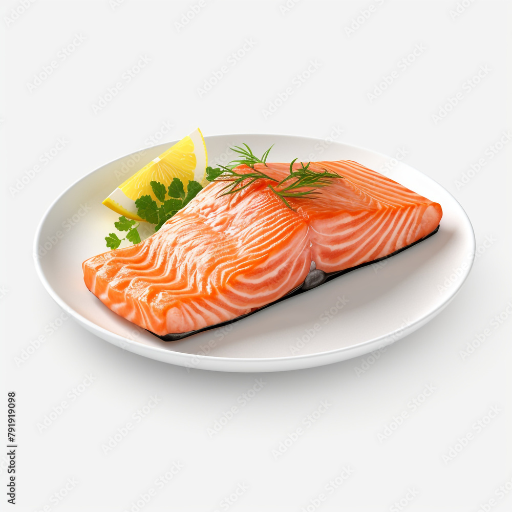 white plate with delicious, well cooked salmon сreated with Generative Ai white plate with delicious, well cooked salmon сreated with Generative Ai