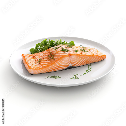 white plate with delicious, well cooked salmon сreated with Generative Ai