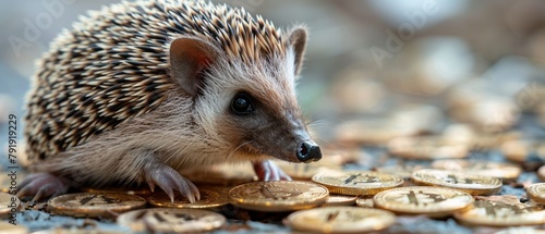 A cute baby hedgehog is sitting on a pile of golden coins. photo