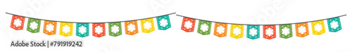 Mexican papel picado paper cut holiday flags and banners. Day of the Dead, Dia De Los Muertos and Cinco de Mayo flags with. isolated on a white background. Vector illustration. eps 10 photo