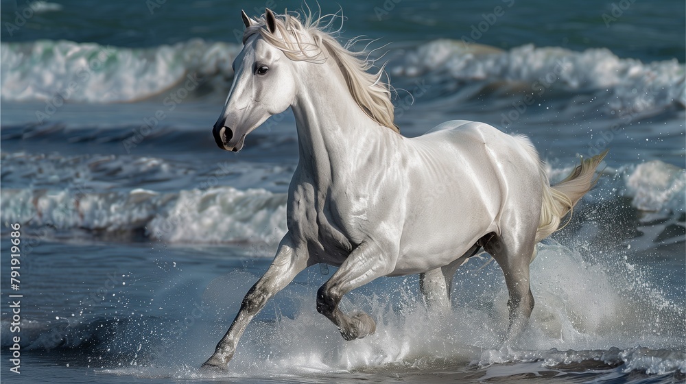 White horse running on beach, alone, strong, majestic Illustration of powerful horse galloping amidst nature, with shadow Horseback riding, farm, wildlife White horse running on beach, alone, strong, majestic Illustration of powerful horse galloping amidst nature, with shadow Horseback riding, farm, wildlife