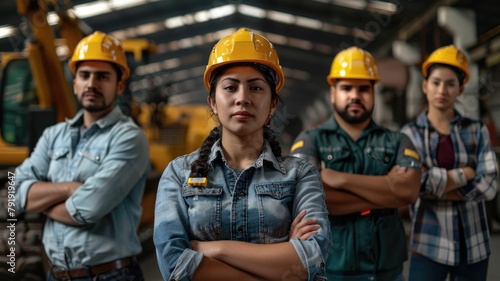 group portrait of construction workers with background of excavation machinery aigx04