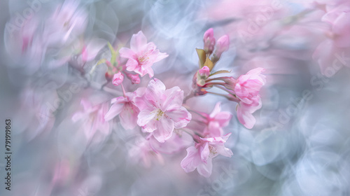 Delicate pink cherry blossoms against a blurred background in soft pastel hues  macro  nature  photography  impressionism.