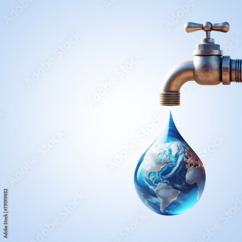 World Water Day concept with world in clean water drop on and fresh blue water. Environment save and ecology theme concept. Free space