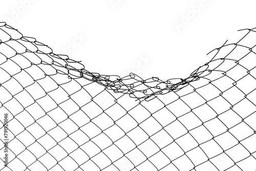 The texture of the metal mesh on a white background. Torn steel, metal mesh with holes