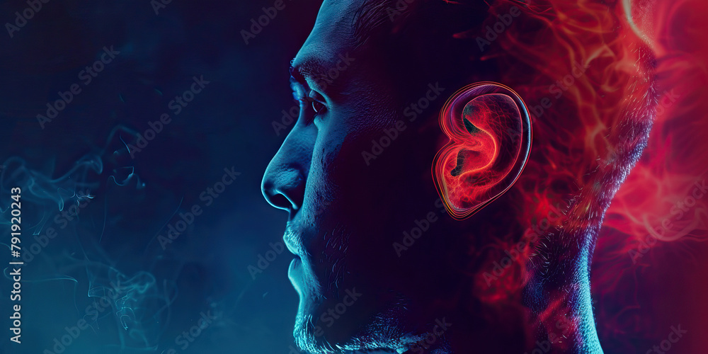 Meniere's Disease: The Vertigo and Hearing Loss - Picture a person with highlighted inner ear showing fluid imbalance - obrazy, fototapety, plakaty 