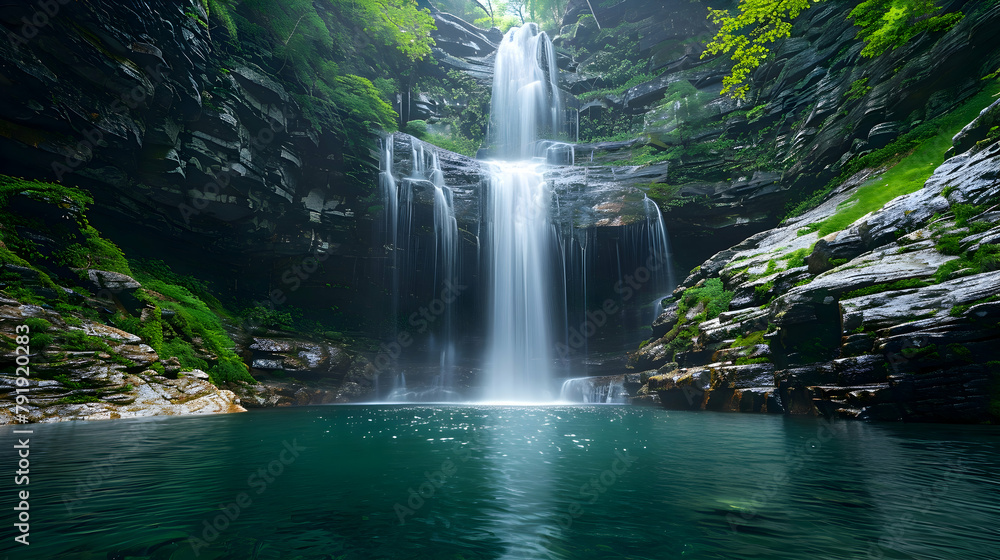 A powerful waterfall in a tropical forest, captured with a wide lens to include both the top and the pool below A powerful waterfall in a tropical forest, captured with a wide lens to include both the top and the pool below
