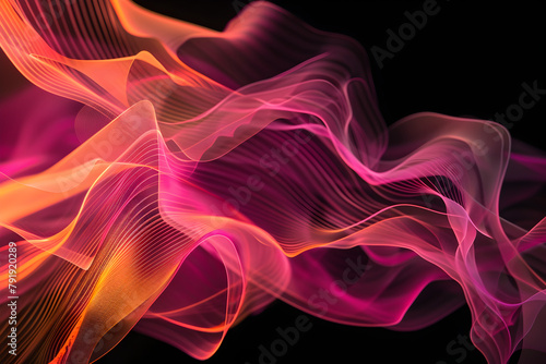 Dynamic neon waves of pink and orange blending into a surreal dreamscape. Enchanting artwork on black background.