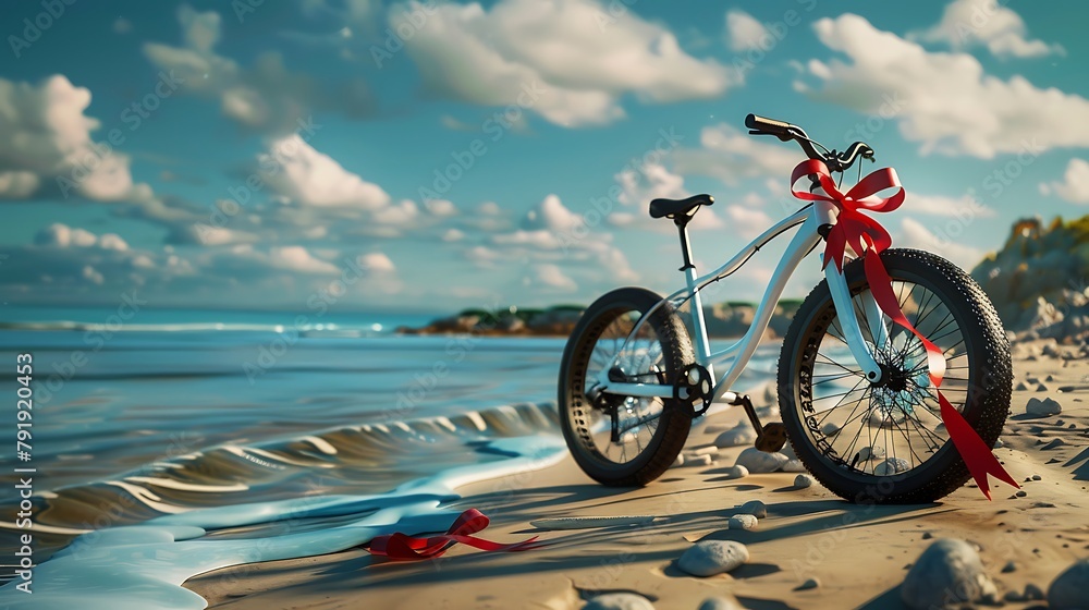Fototapeta premium lack and White Mountain Bike with Red Ribbon as Gift at beach