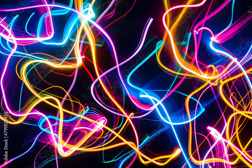 Electric neon lines dancing in a galaxy of vivid colors. Mesmerizing artwork on black background.