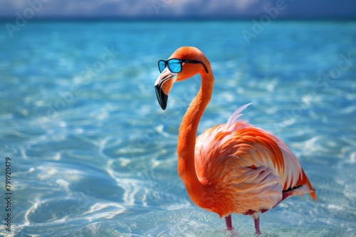 A pink flamingo wearing sunglasses is standing in the shallow ocean water.