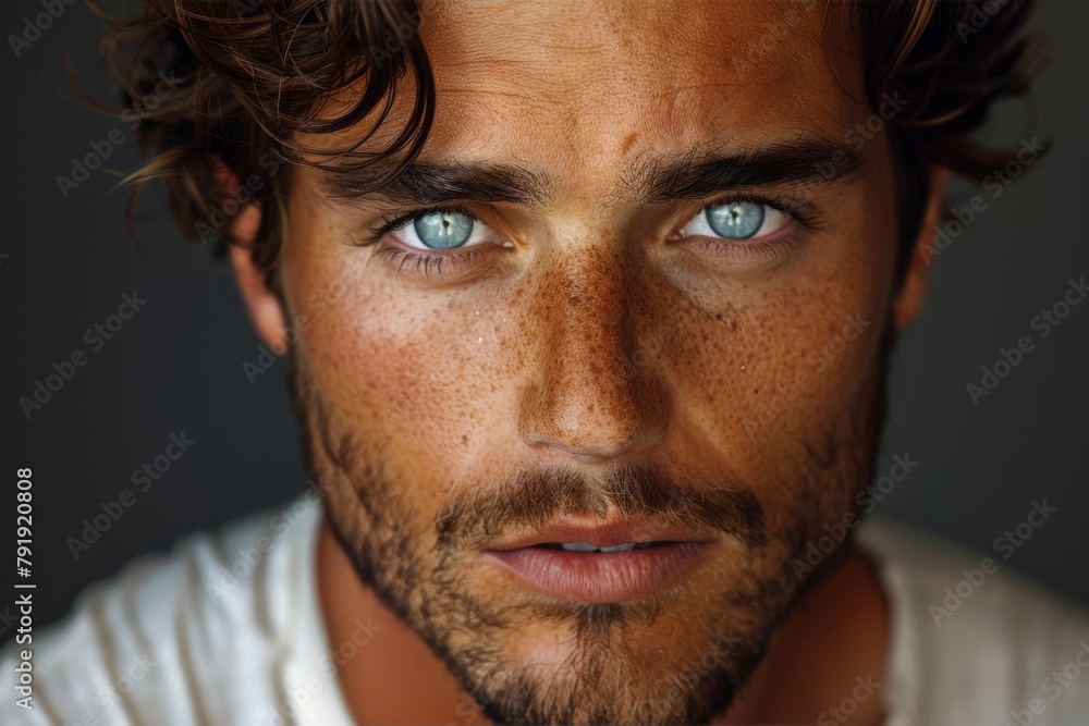 This image features a close-up of a young man's face, highlighting his intense blue eyes and freckles