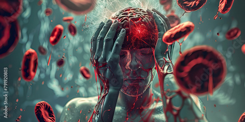 Polycythemia Vera: The Headache and Dizziness - Visualize a person with highlighted blood showing overproduction of red blood cells, experiencing headache and dizziness photo