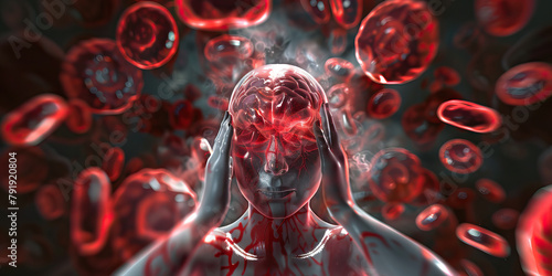 Polycythemia Vera: The Headache and Dizziness - Visualize a person with highlighted blood showing overproduction of red blood cells, experiencing headache and dizziness photo
