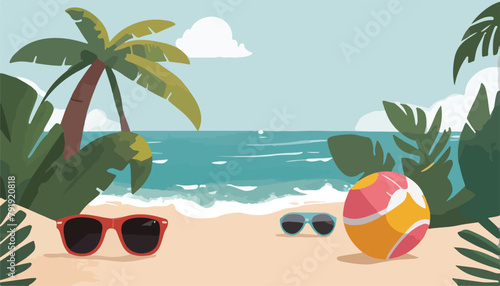 Summer Beach Party Banner or Poster. Tropical Island with Sunglasses and Beach Ball, Vector Illustration, Professional and Clean Design.