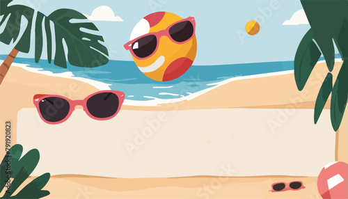 Summer Beach Party Banner or Poster. Tropical Island with Sunglasses and Beach Ball, Vector Illustration, Professional and Clean Design.