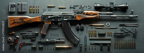 Disassembled Rifle and Accessories on Dark Background
