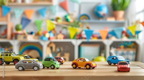 Little boy room desk with colorful toy cars nursery for young kid with educational vehicle and transport toys photo