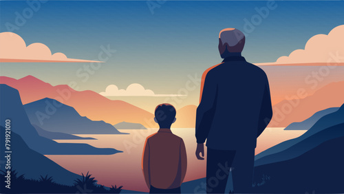Two silhouettes one of a teenager and one of an older person standing side by side and looking out at a sunset representing the strength and
